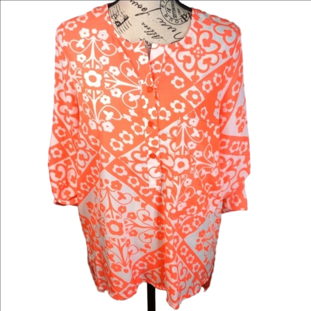Angie Vintage Floral Blouse Neon Orange White Medium